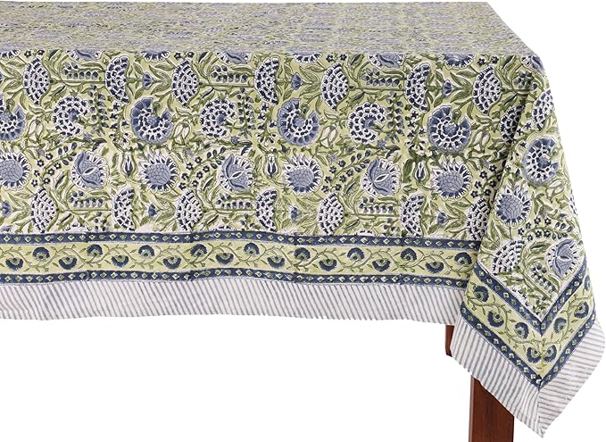 ATOSII Amara Green 100% Cotton Square Fall Tablecloth, Handblock Floral Print Linen Table Cloth for Kitchen Dining I Weddings, Outdoors, Parties, Easter I Fall Decor 60 X 60 Inches I 4 Seater