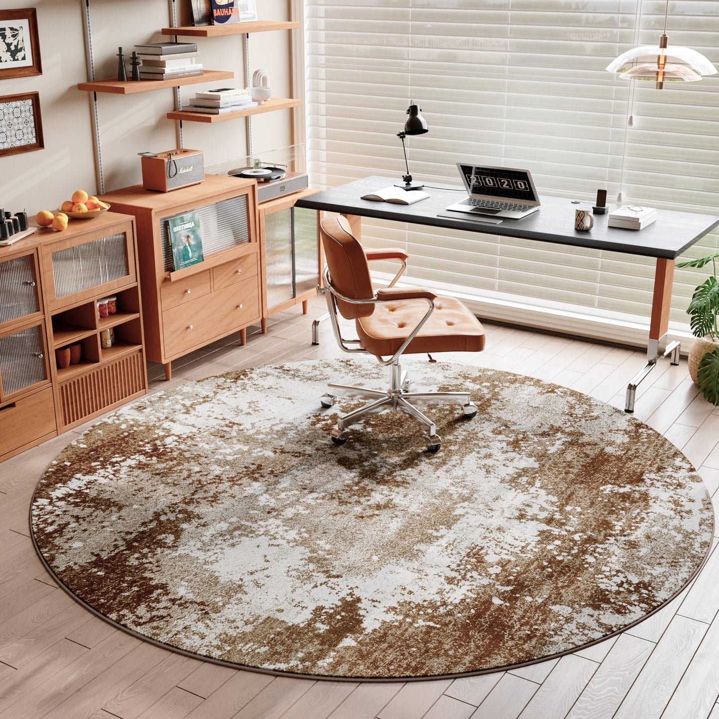 Brown Round Area Rugs 4ft Washable Circle Rug for Entryway Kitchen, Non Slip Soft Low Pile Stain Resistant, Boho Circular Carpet for Living Room Bedroom Dorm Dining Room Table, Abstract Coffee