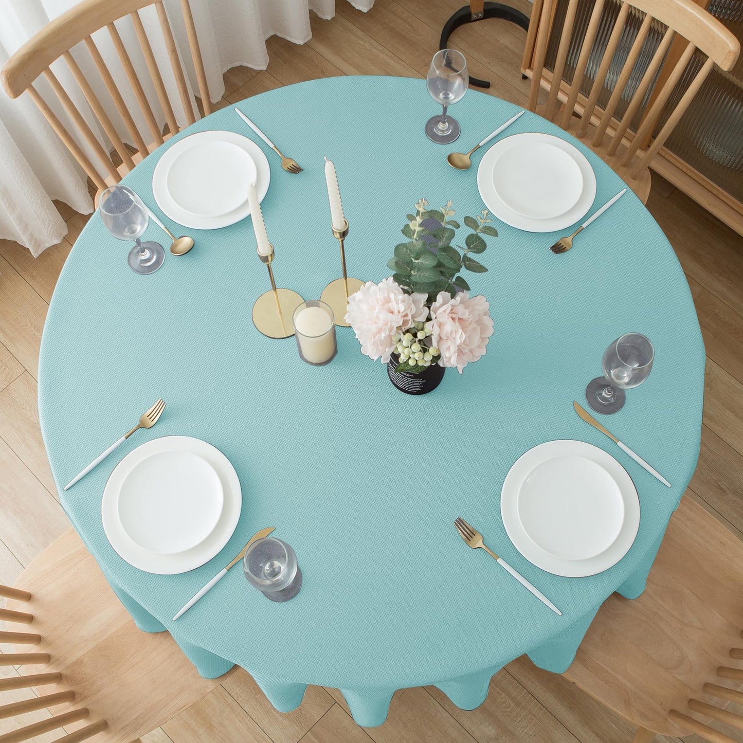 Biscaynebay Round Tablecloth 60 Inch-Auqa Blue Outdoor Fabric Table Cover-Small Circle Folding Table Cloths Linen Water Resistant for Kitchen Dining Picnic Patio Outdoor Party Restaurant Tables