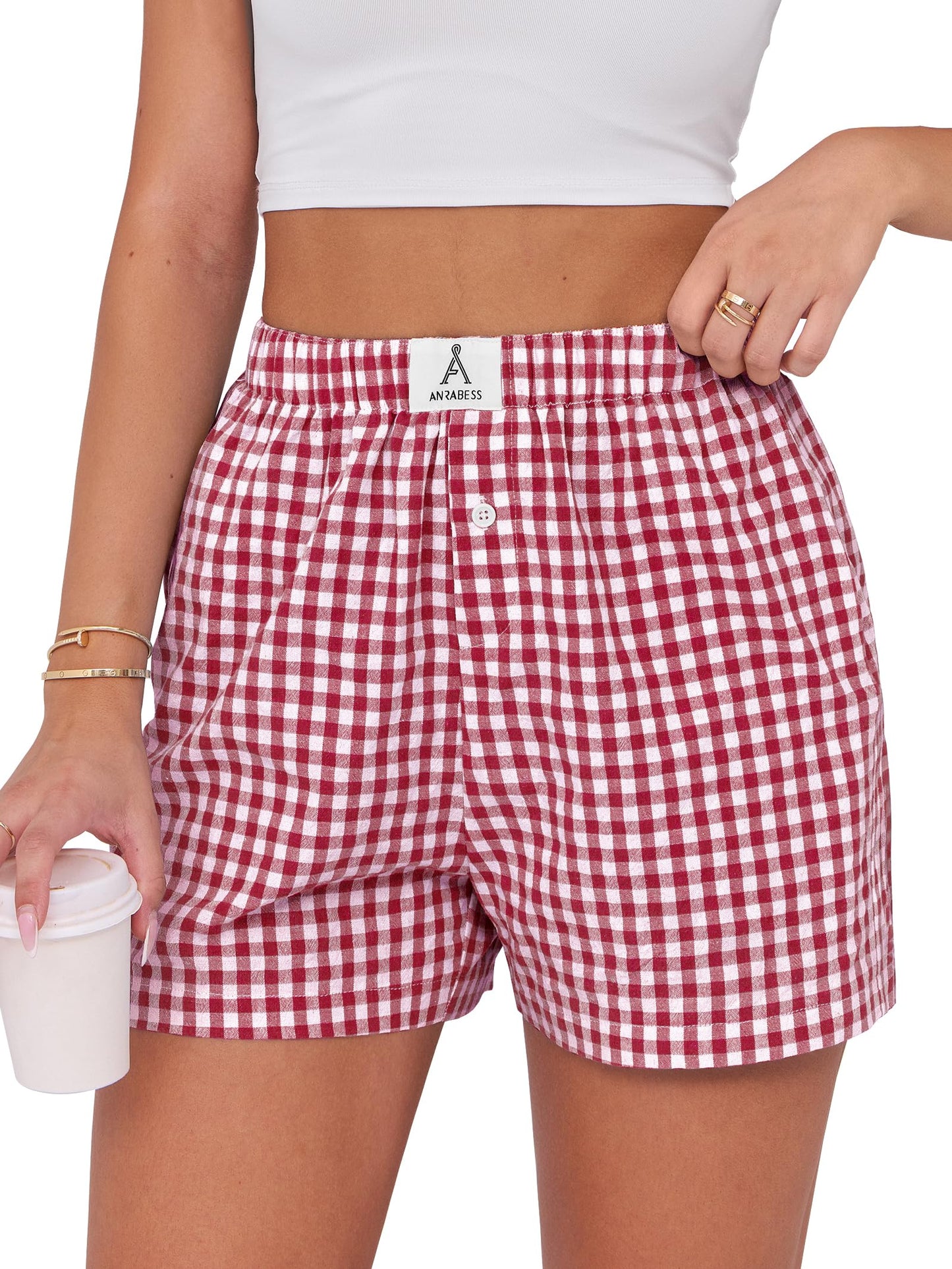 ANRABESS Boxer Shorts for Women Gingham Pajama 2025 Summer Casual Lounge Sleep Plaid Shorts Y2K Beach Bottoms Red White Plaid Medium