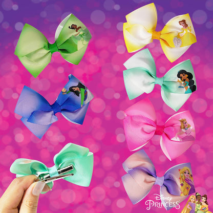 Disney Princess - Girls Hair Accessories Gift Set - Kids Hair Bows - 7 Pcs 4 Inch Bundle - Different Princess on Each Clip - Alligator Clip Ages 3+