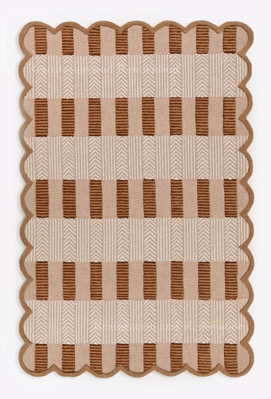 Handmade Scalloped Wool Area Rug - Modern Geometric Pattern, Green-Beige Stripes, Checkered Chevron Design - Soft, Durable Thick Carpet for Living Room, Bedroom, Dining Room (Light Brown, 4' x 6')