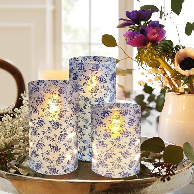Flickering Flameless Candles Vintage Blue Floral Print, Embedded Star String Lights, Battery Operated Acrylic LED Pillar Candles with 11-Key Remote and Timer for Home Decoration, 3 Pack