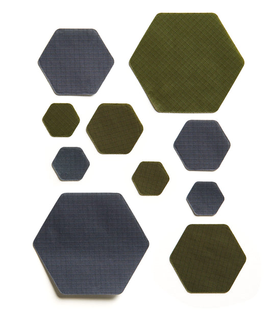 HEX Duo - Two Colour Kits - Hexagonal Down Jacket Self-Adhesive Repair Patches (Olive Green and Dark Gray)