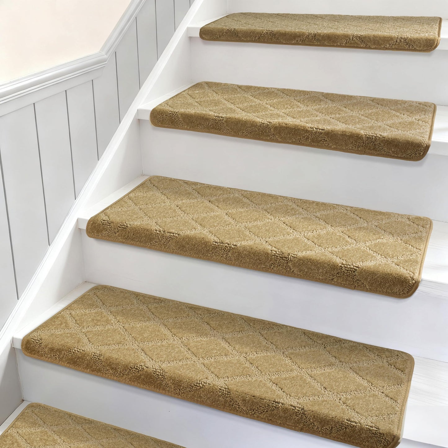 DEXDE Bullnose Stair Treads for Wooden Steps 14 Pcs, Non-Slip Peel and Stick Carpet Stair Runners, Washable Indoor Rugs with Edge Protection, 30"x9.5"x1.5", Khaki