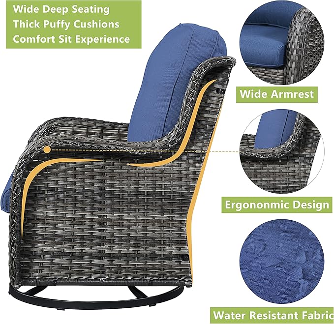 Rilyson Wicker Patio Furniture Set - 6 Piece Rattan Outdoor Sectional Conversation Sets with 2 Rocking Swivel Chairs,2 Ottomans and 2 Sofa for Porch Deck Garden(Mixed Grey/Blue)