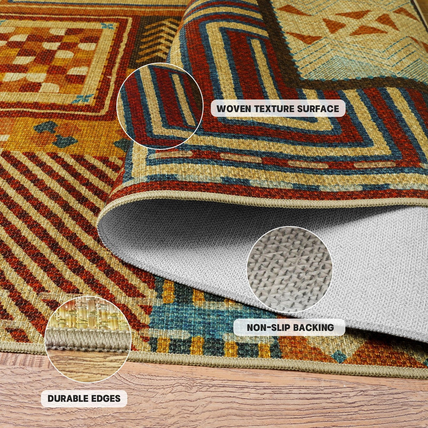 Quntue Easy Jute Front Porch Rug 3x5 Washable Farmhouse Patchwork Tan Rugs for Entryway Non Slip Southwestern Boho Indoor Outdoor Carpet for Patio, Kitchen, Bedroom, Entrance