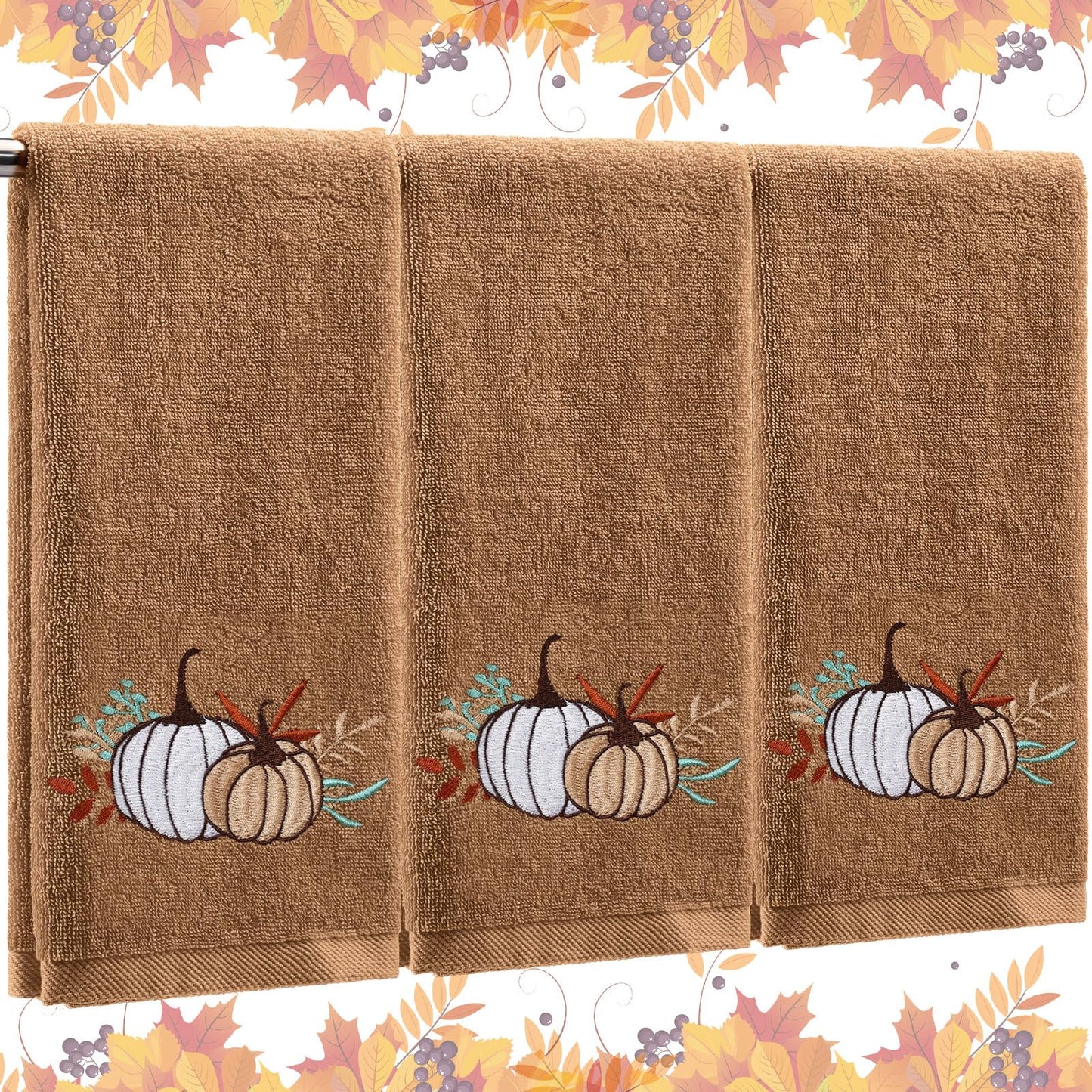 Fanfanwin 3 Pcs Fall Hand Towels for Bathroom 13.8 x 29.5 Inch Autumn Decorative Bath Towels Sets 100% Cotton Embroidered Pumpkin Maple Thanksgiving Bathroom Decor(Khaki,Pumpkin)