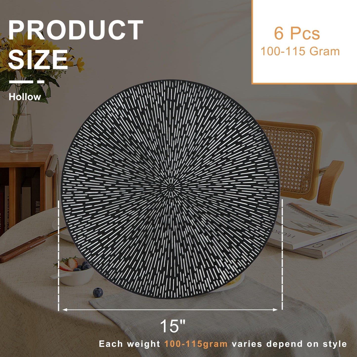 Snowkingdom Round Black Placemats Set of 6, Black Vinyl Washable Easy Clean 15 Inch Place Mats, Non-Slip Heat-Resistant Kitchen Dining Table Mats Hollow Round Placemat for Party Wedding Halloween