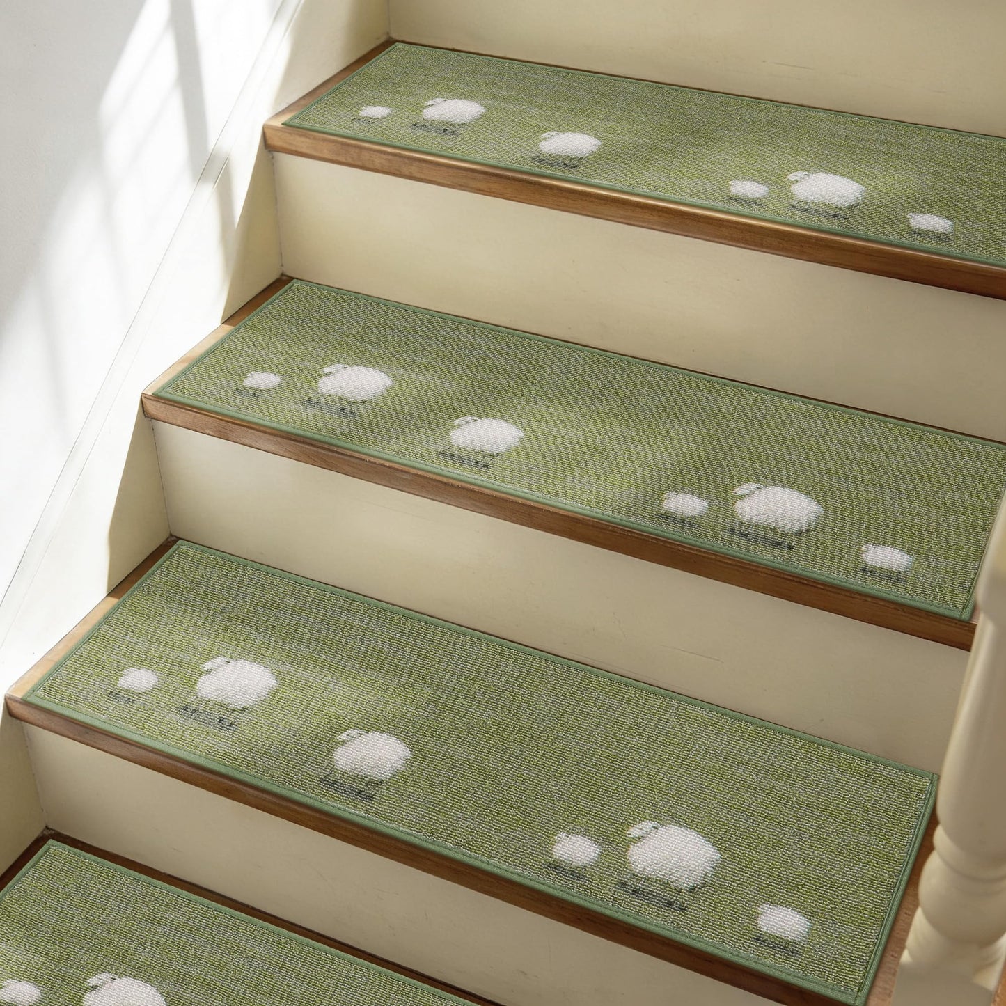 MatMaven Stair Treads for Wooden Steps Indoor,4 Pack 8"x30" Non Slip Machine Washable Carpet Stair Treads,Stair Runner Rugs with Peel & Stick Reusable TPE Backing for Kids Elders & Pets,Green(Sheep)