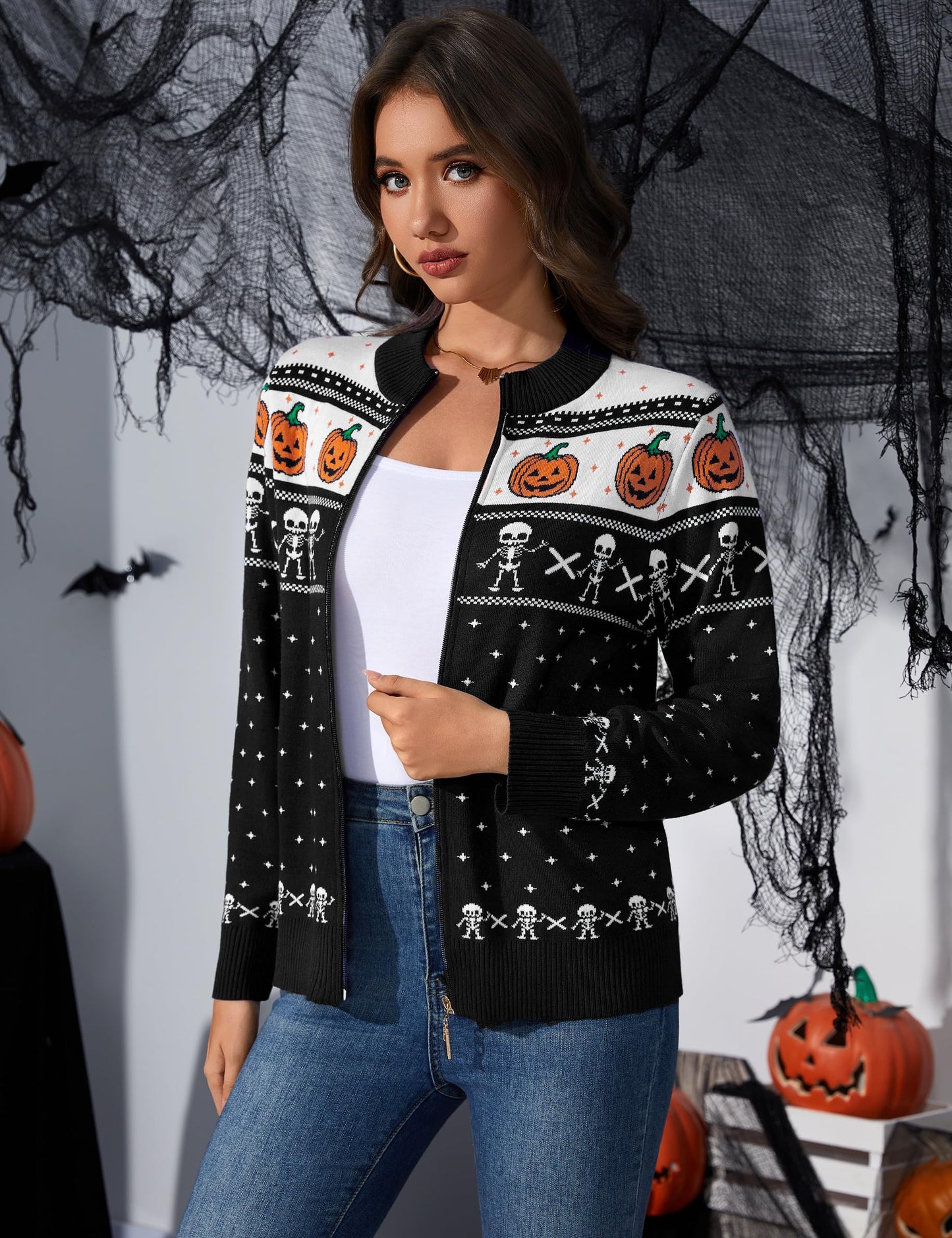 Totatuit Halloween Sweater for Women Pumpkin Zip Up Cardigan Sweaters Long Sleeve Knitted Lightweight Jacket Halloween Black Medium