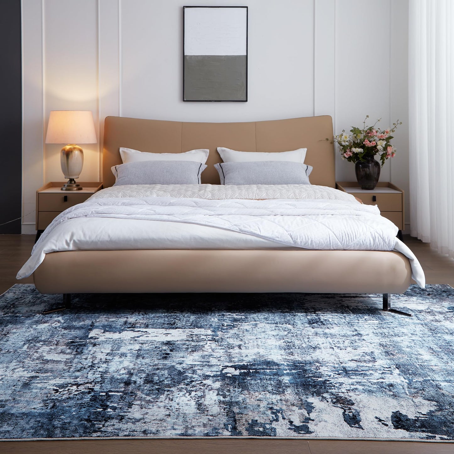 Rugcomf Area Rug 5x7 Washable Rug Boho Soft Abstract Pattern Non-Slip Non-Shedding Faux Wool Vintage for Living Room, Bedroom, Farmhouse, Dining Room, Indoor, Kids Playroom, Blue
