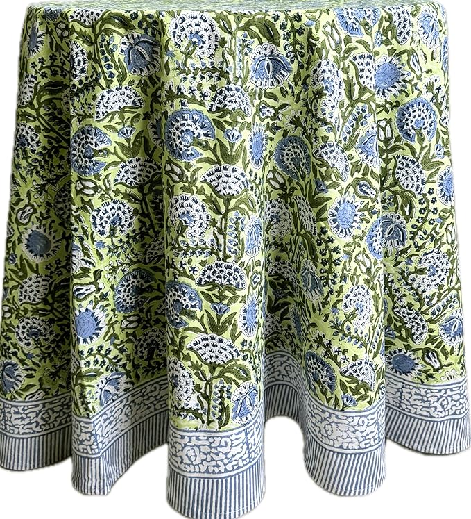 ATOSII Amara 100% Cotton Round Fall Tablecloth, Handblock Print Floral Table Cloth for Kitchen Dining Linen I Parties, Weddings, Christmas, Thanksgiving, Easter Grandmillennial Decor 60" Inches Round