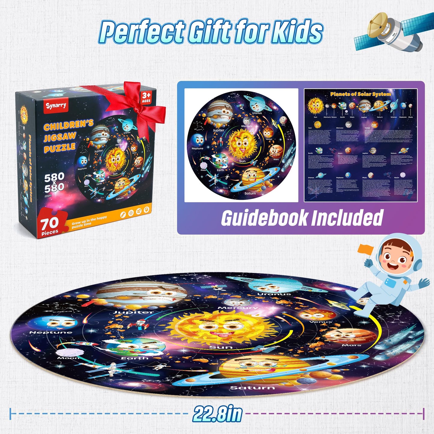 SYNARRY Giant Solar System Floor Jigsaw Puzzle for Kids 3 4 5 6 7 8 Year Olds, 70 Piece Big Round Space Planets Astronaut Jigsaw, Space Toys Gifts for Toddlers Children Boys Girls