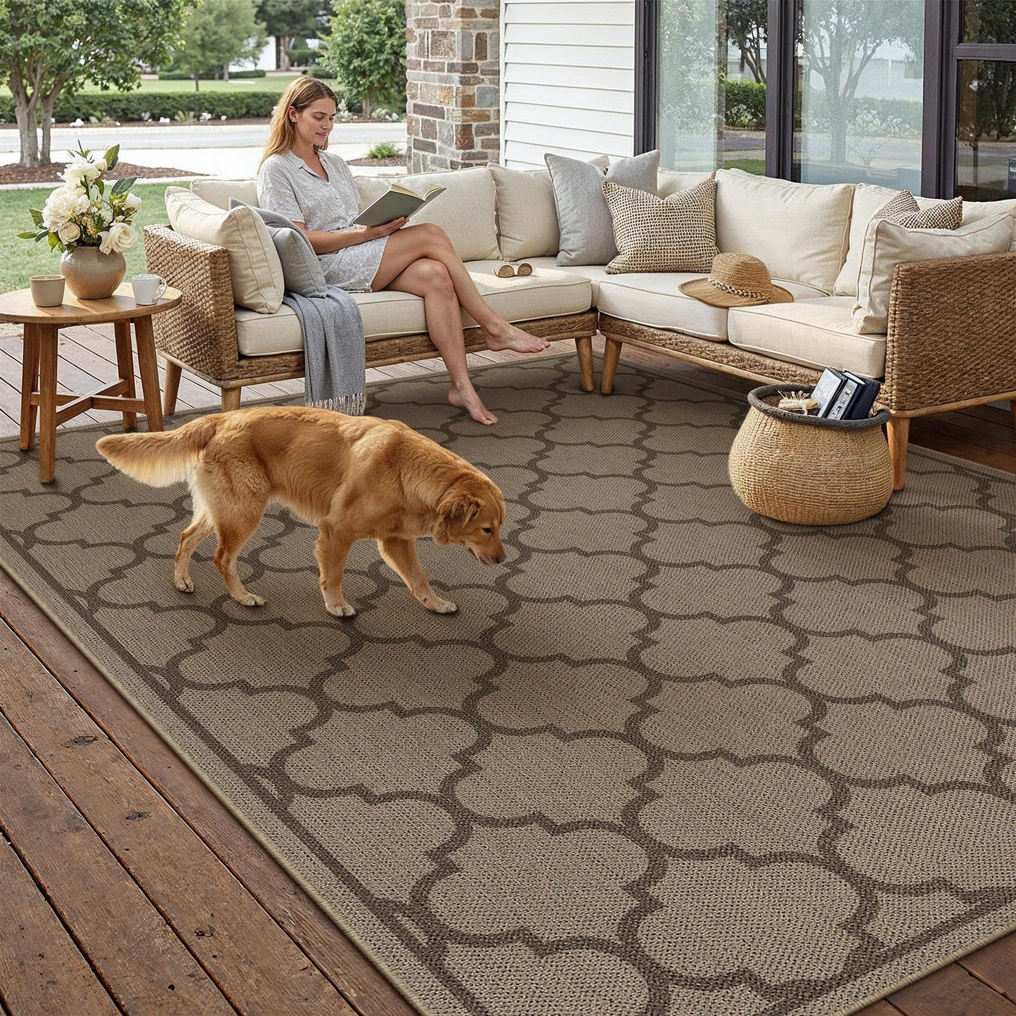 PureCozy 5x7 Geometric Figure Easy Jute Area Rug for Living Room Scalloped Washable Indoor Outdoor Carpet Farmhouse Patio Office Mat Geometric Non Slip Black Carpet for Backyard Dining Room