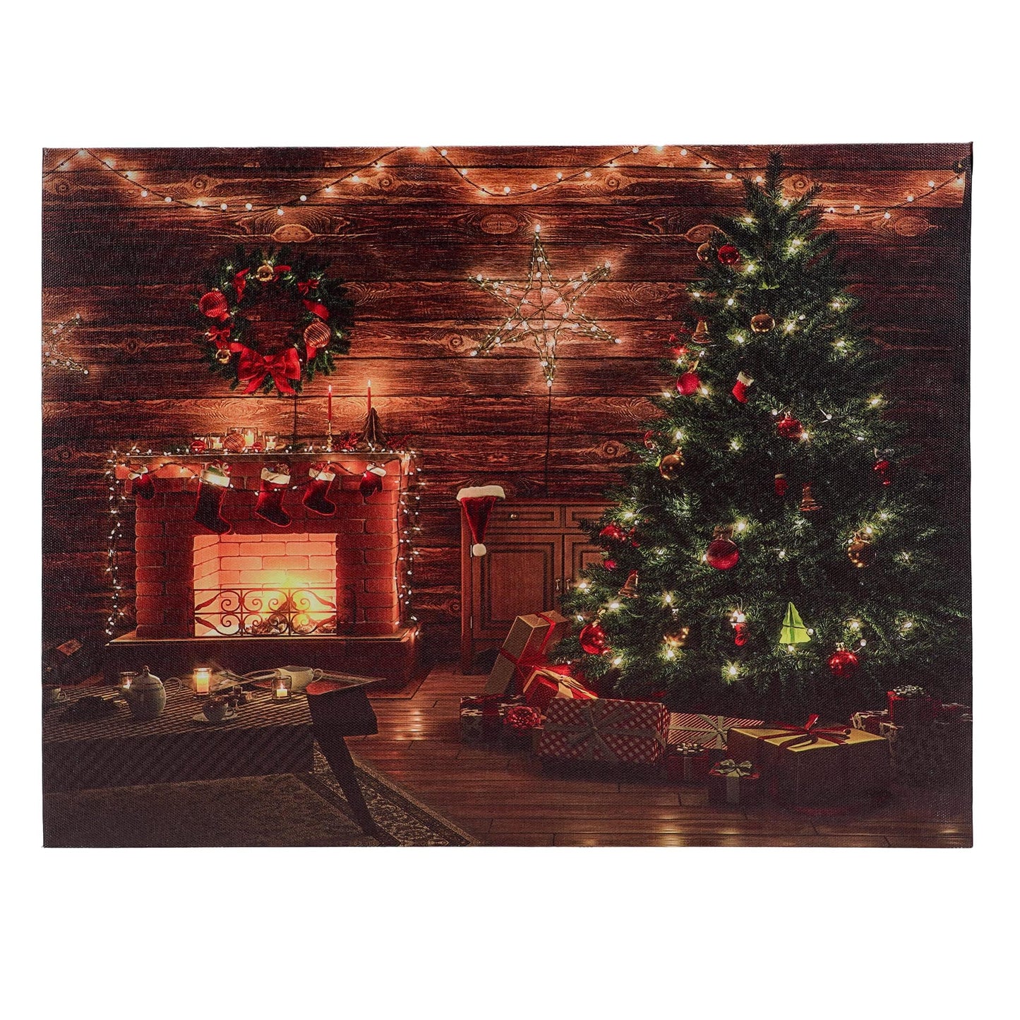 SOFFEE DESIGN 16'' x 12'' LED Christmas Canvas Prints Wall Art, Light Up Snowy Scene Picture for Holiday Decor, Battery Operated Painting Fireplace & Christmas Tree