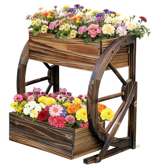 2 Tier Medium Wooden Wagon Planter Box|Outdoor Planter/Flower Pot for Indoor&Outdoor Plants-Rustic Garden Planter for Patio,Porch&Garden Decor-Raised Garden Bed for Succulents,Herbs,Vegetables