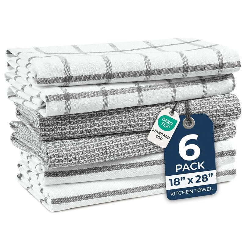 LANE LINEN Cotton Kitchen Towels and Dish Cloths Set, 6-Pack – Absorbent, Quick-Drying Dish Towel, 18" x 28", Soft, Premium Hand and Tea Towels - Grey