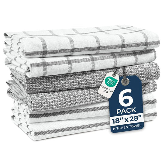 LANE LINEN Cotton Kitchen Towels and Dish Cloths Set, 6-Pack – Absorbent, Quick-Drying Dish Towel, 18" x 28", Soft, Premium Hand and Tea Towels - Grey