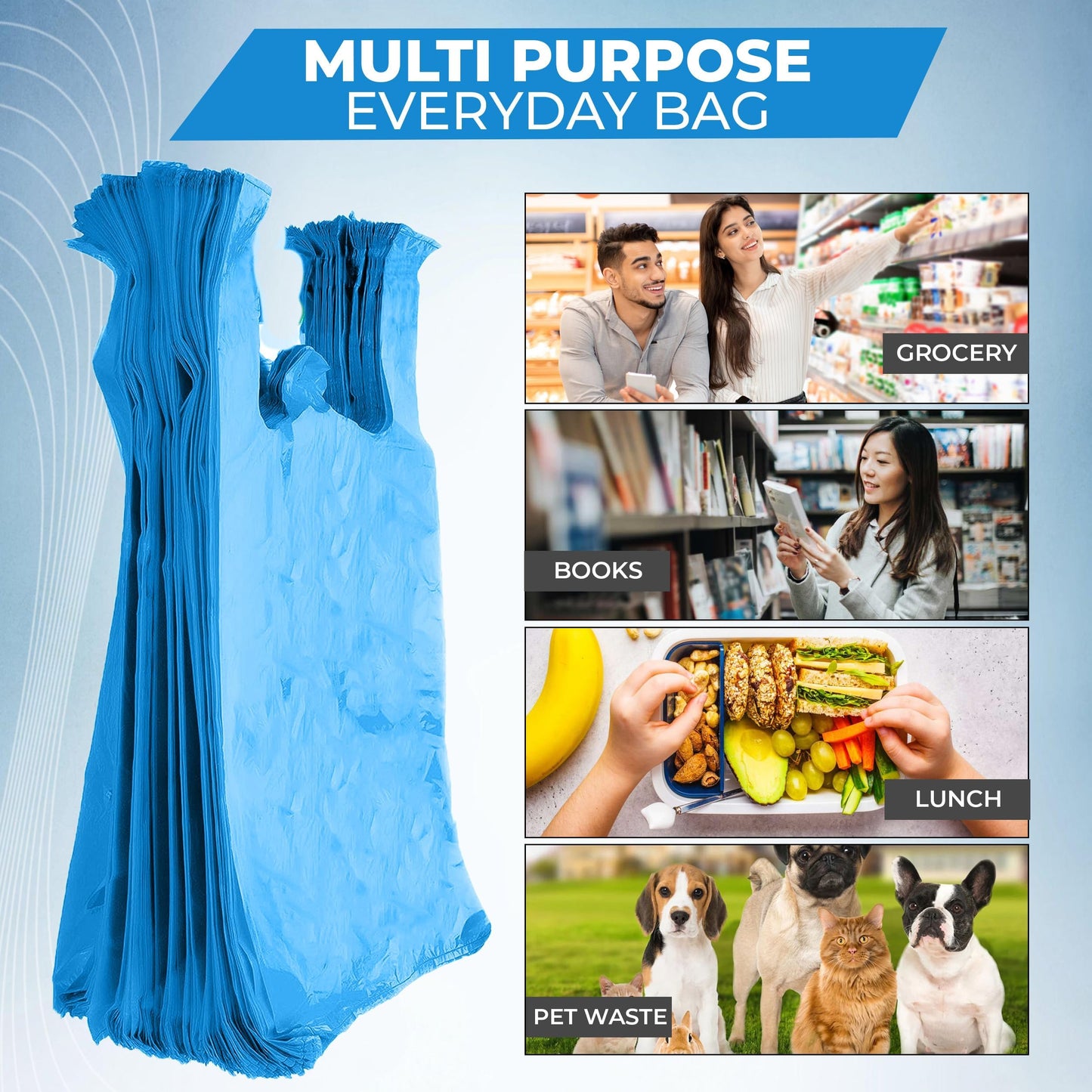 FERRIS | 200pk Strong Large Vest Carrier Bags with Handles | Multi-Purpose Heavy Duty Plastic Bags 11 x 17 x 21 | Use for Shopping, Market-Stalls, Takeaway, Groceries or General use in Kitchen (Blue)