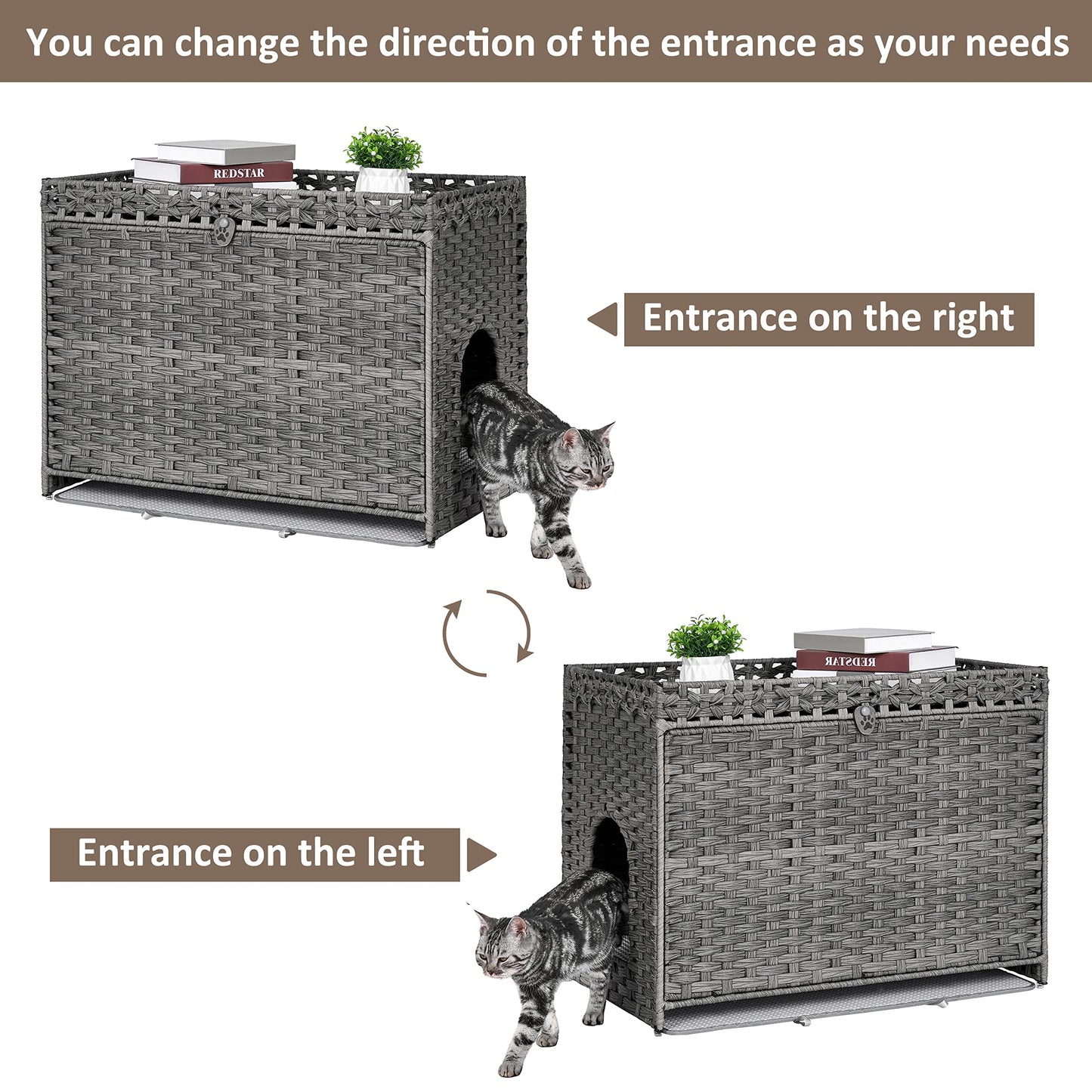 Cat Litter Box Enclosure with Soft Litter Mat; Hidden Kitten Washroom Furniture with Door; Handwoven Rattan Cat House with Large Space; Pet Crate for Living Room, Bedroom, Balcony (Grey)