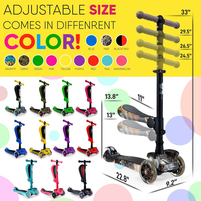 Hurtle 3 Wheeled Scooter for Kids - 2-in-1 Sit/Stand Child Toddlers Toy Kick Scooters w/ Flip-out Seat, Adjustable Height, Wide Deck, Flashing Wheel Lights, For Boys/Girls 1 Year Old+ (Real Tree)