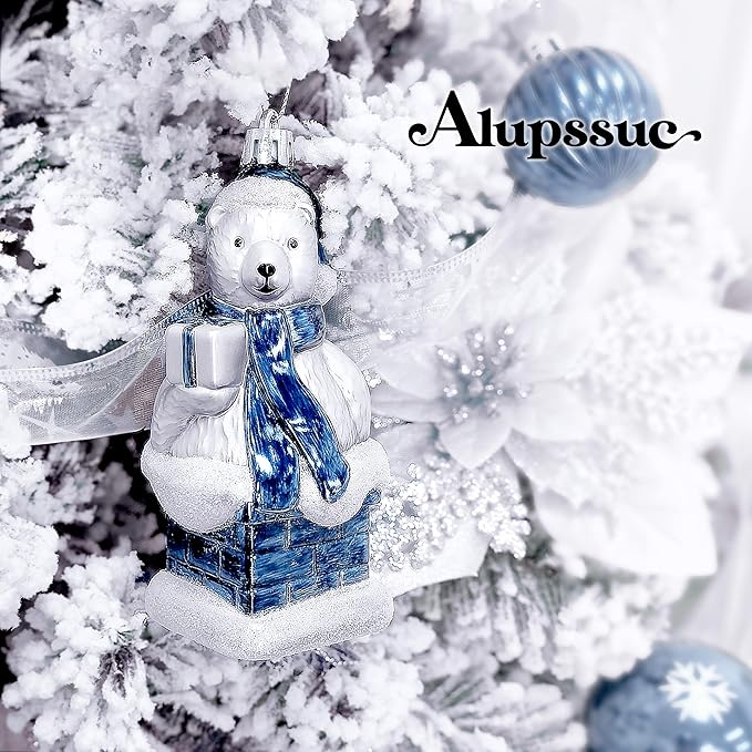 Alupssuc 112pcs Christmas Balls Ornaments Set, Shatterproof Plastic Baubles Christmas Penguin, Polar Bear for Xmas Tree Holiday Wedding Party Decorations with Hanging Strings, Blue and White