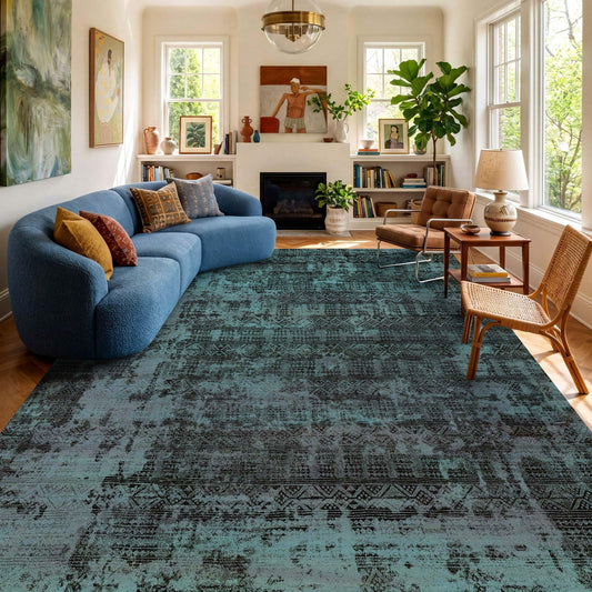 Kokia Abstract Area Rugs 8x10 Bedroom Soft Living Room Rugs Washable Distressed Vintage Comfy Deep Teal Carpet with Non-Slip Backing for Farmhouse Home Office Room Decor, Ocean Teal