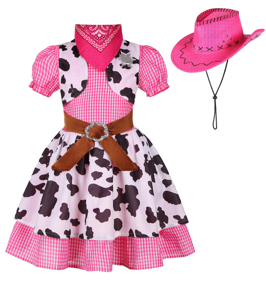 Ekoropshop Cowgirl Costume for girls West Cowgirl Halloween Outfit Dress with Pink Cowboy Hat-L