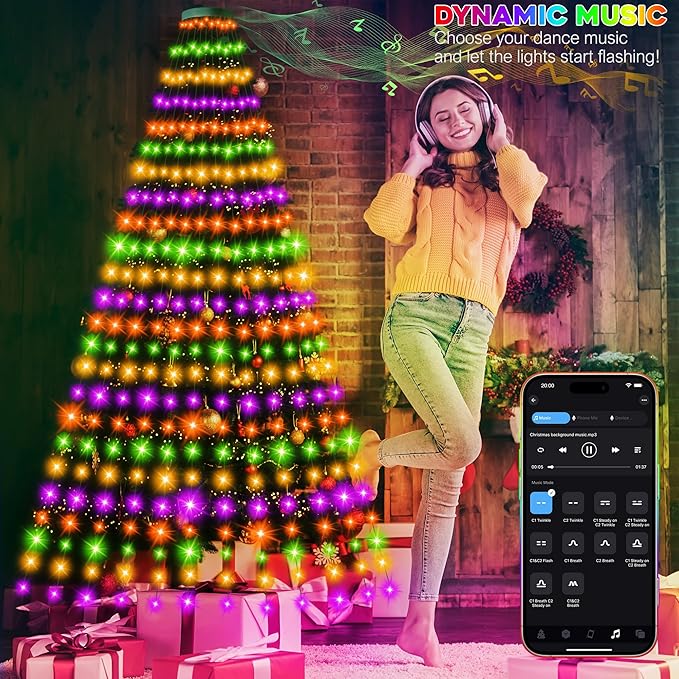30+ Modes Ring Christmas Tree Lights Indoor Outdoor - 7.5Ft x 12 Lines 336 LED Easy App Control Color Changing Timer Remote Waterproof for 6 7 Ft Xmas Trees (Warm White to Multicolor)