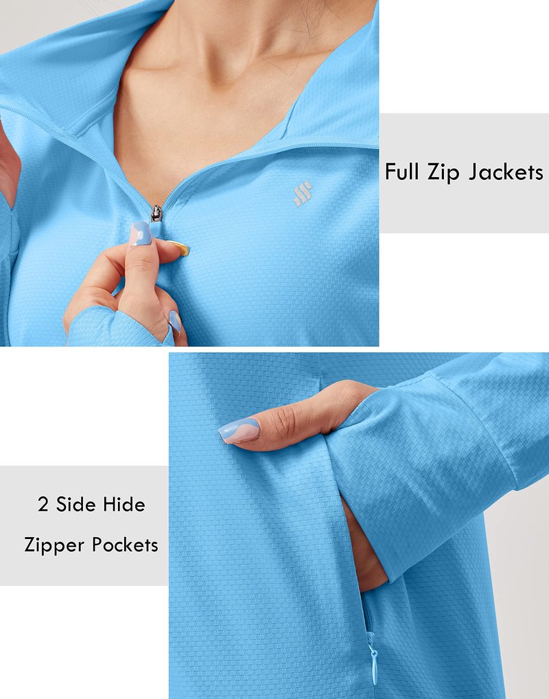 Soothfeel Women's UPF 50+ Sun Protection Hoodie Jacket Lightweight Long Sleeve Sun Shirt for Women with Pocket Hiking Outdoor Blue M