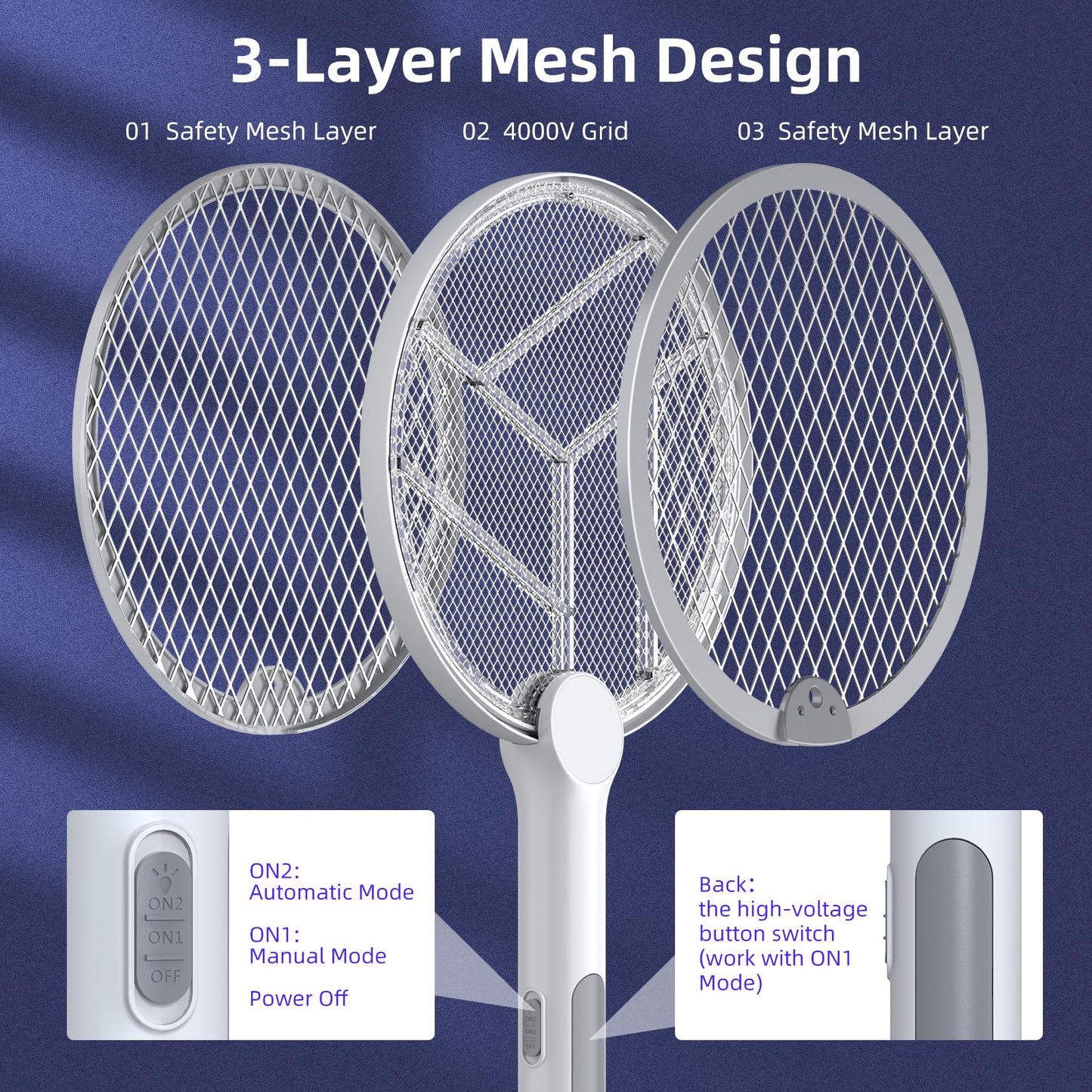 Electric Fly Swatter, 4000V Bug Zapper Racket, 2 in 1 Indoor Outdoor Mosquito Killer with 3-Layer Safety Mesh, Fly Zapper Racket with USB Rechargeable Base for Pest Insect Control 2 Pack
