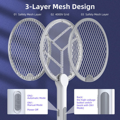 Electric Fly Swatter, 4000V Bug Zapper Racket, 2 in 1 Indoor Outdoor Mosquito Killer with 3-Layer Safety Mesh, Fly Zapper Racket with USB Rechargeable Base for Pest Insect Control 2 Pack