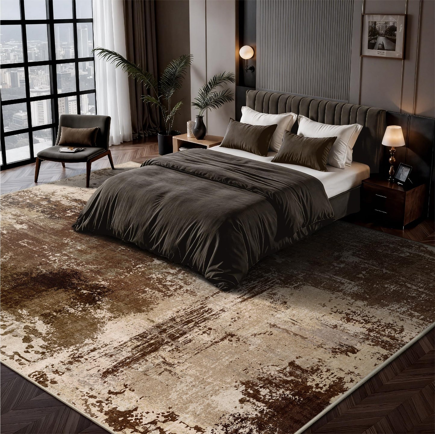 Yarooge 8x10 Rugs for Living Room - Modern Abstract Washable Rug, Ultra Soft Non Slip Low Pile Large Rugs, Floor Carpet for Bedroom Dining Room Office Laundry Nursery Home(A-Brown)