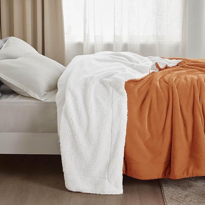 Bedsure GentleSoft Sherpa Fleece Blankets King Size for Bed - Thick and Warm, Soft Fuzzy Plush King Blanket for Winter, Burnt Orange, 108x90 Inches