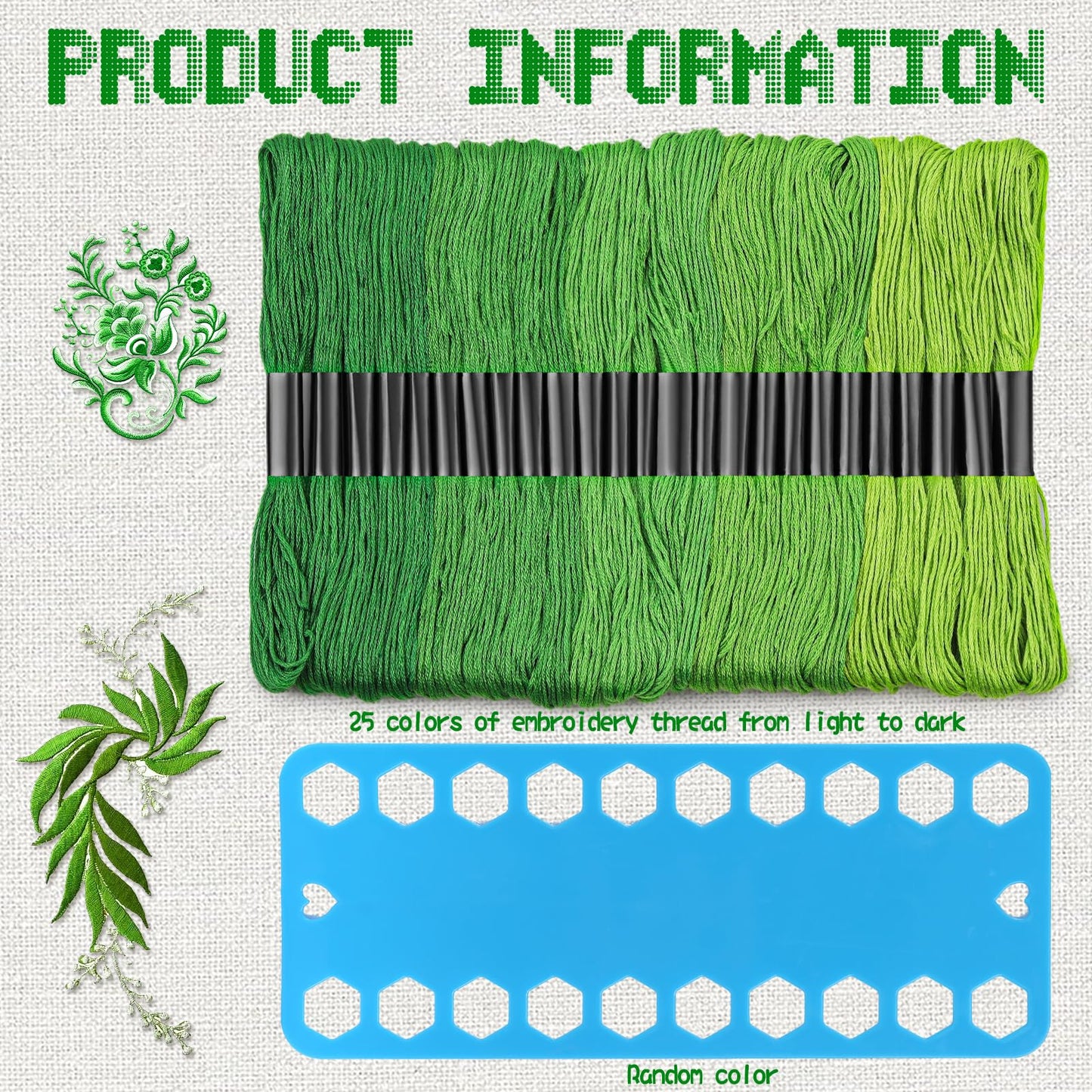 Dercuy 25 Skeins Green Series Cross Floss Stitch Thread, 8m Cotton Embroidery Floss Set with Plastic Bobbins & Needle