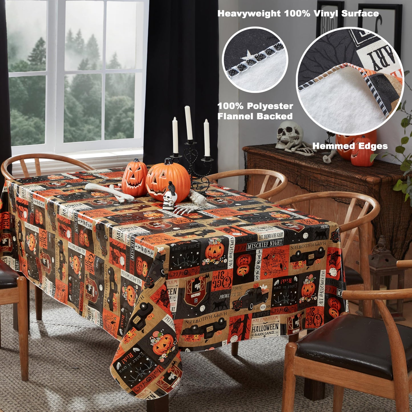Newbridge Halloween Rustic Spooky Farm 60 x 84 Inch Rectangle Vinyl Tablecloth with Flannel Backing