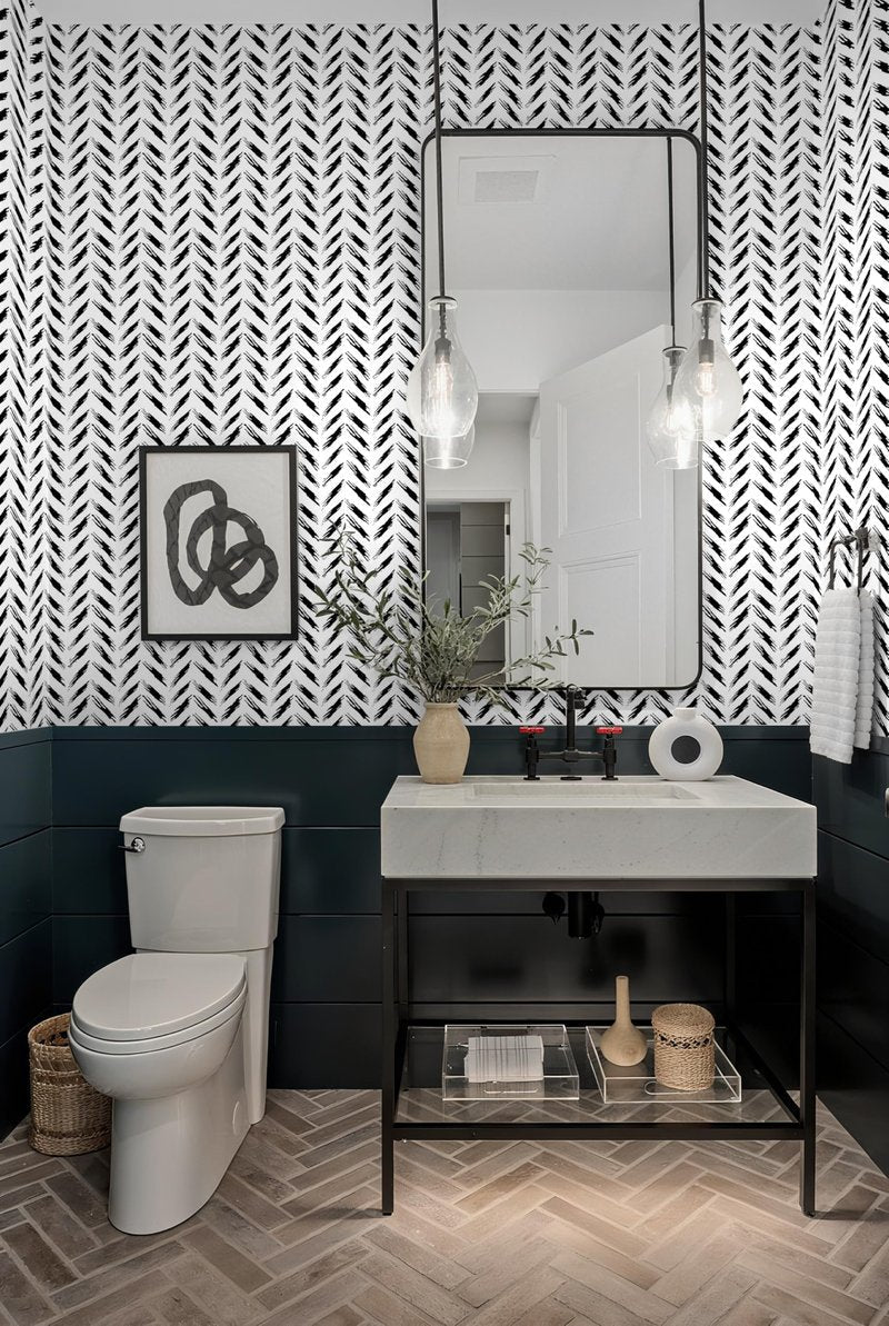 Micpolo Black and White Peel and Stick Wallpaper Modern Self-Adhesive Contact Paper Thicken Waterproof Easy to Clean Decorative Removable Wall Paper Herringbone for Bedroom Bathroom 17.3in x 78.7in