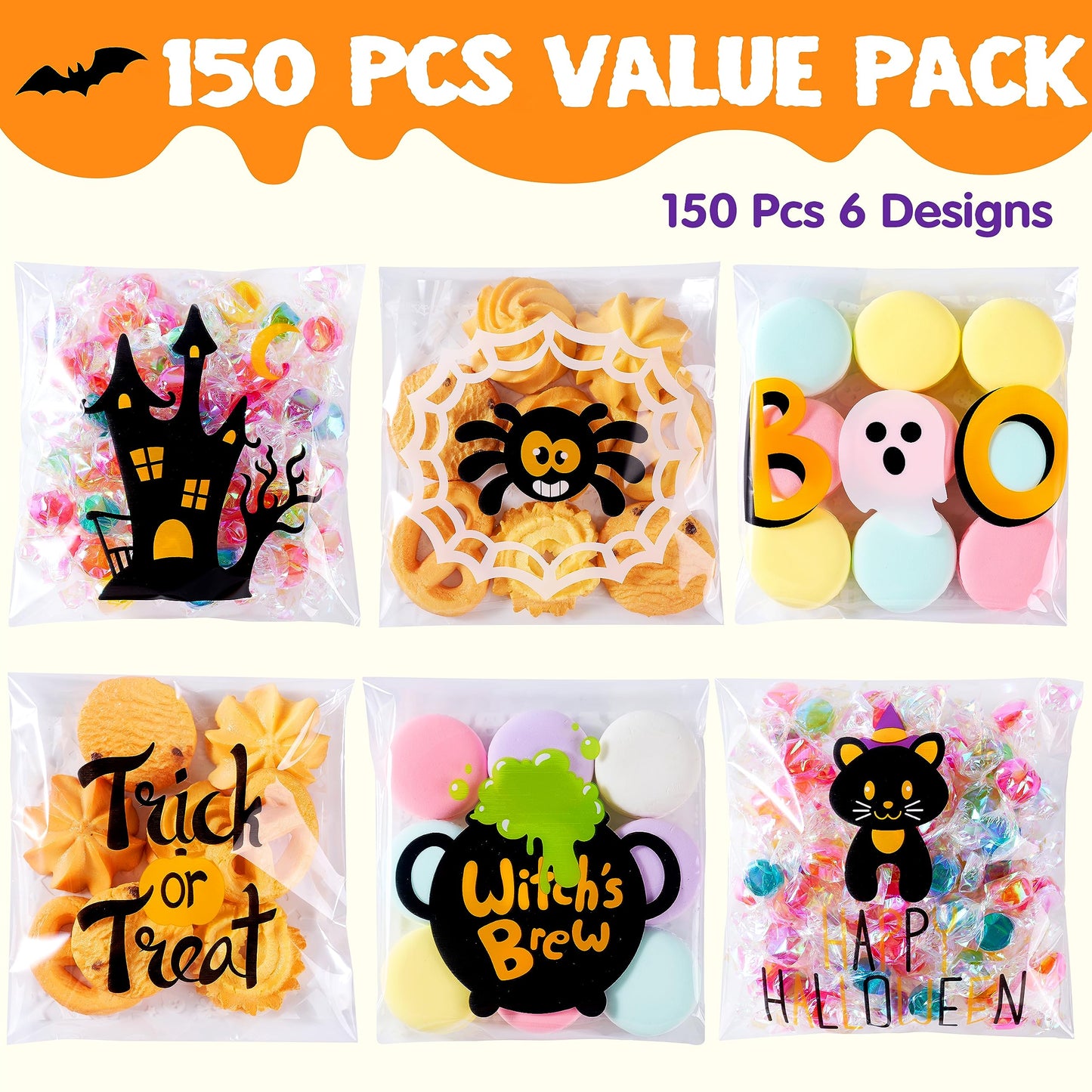 JOYIN 150 PCS Halloween Cellophane Treat Bags, Self Adhesive Clear Cookie and Candy Bags for Kids Trick or Treating, Small Goodie Gift Ziplock Bag Bulk for Halloween Party Favors Supplies in 6 Designs