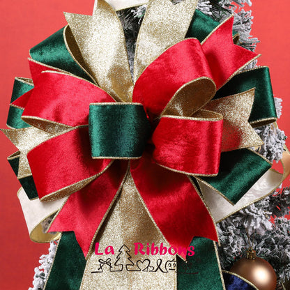 LaRibbons Christmas Velvet Ribbon Wired 2.5 Inches Wide (2 Rolls 20 Yards TTL) Double Faced Red Green and Gold Glitter Velvet Ribbon for Christmas Tree Garland, Gift, Bow, Home Decor