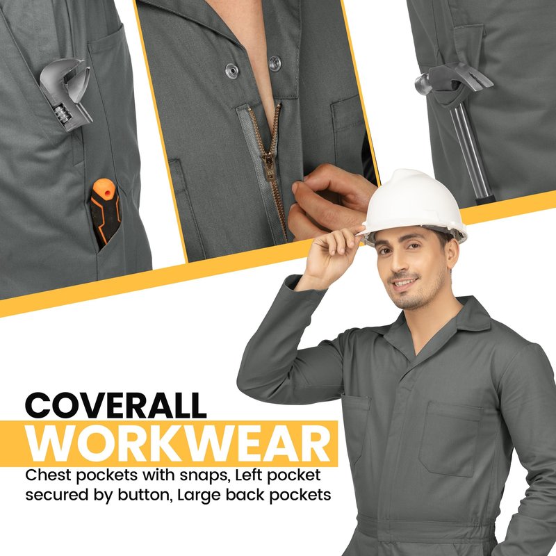 NY Threads Men’s Twill Coverall Relaxed Fit Long Sleeve Utility Work Wear, Small, Grey