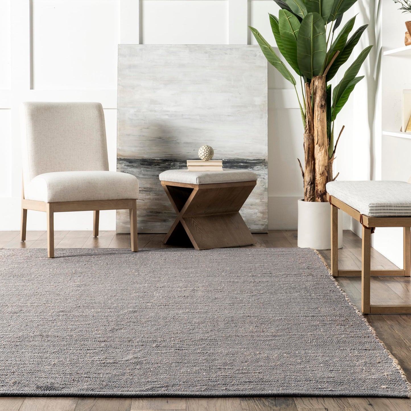 nuLOOM 3x5 Elfriede Jute & Cotton Hand Woven Area Rug, Grey, Solid Rustic Farmhouse Style, Weaved Design, Natural Fiber, For Bedroom, Living Room, Dining Room, Hallway, Office, Entryway