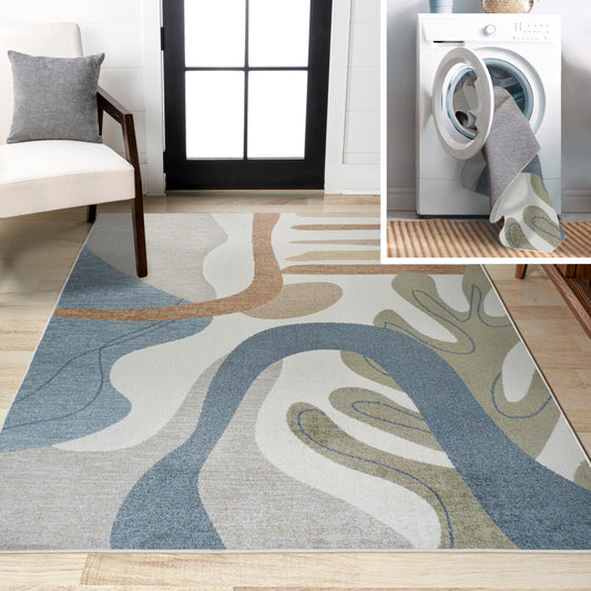 JONATHAN Y Machine Washable Cream/Multi Indoor Area Rug 8X10 ft, Algae Abstract Glam Botanical for Living Room, Bedroom, Kitchen, Office, Easy-Cleaning, Pet-Friendly, Non-Shedding WSH301A-8