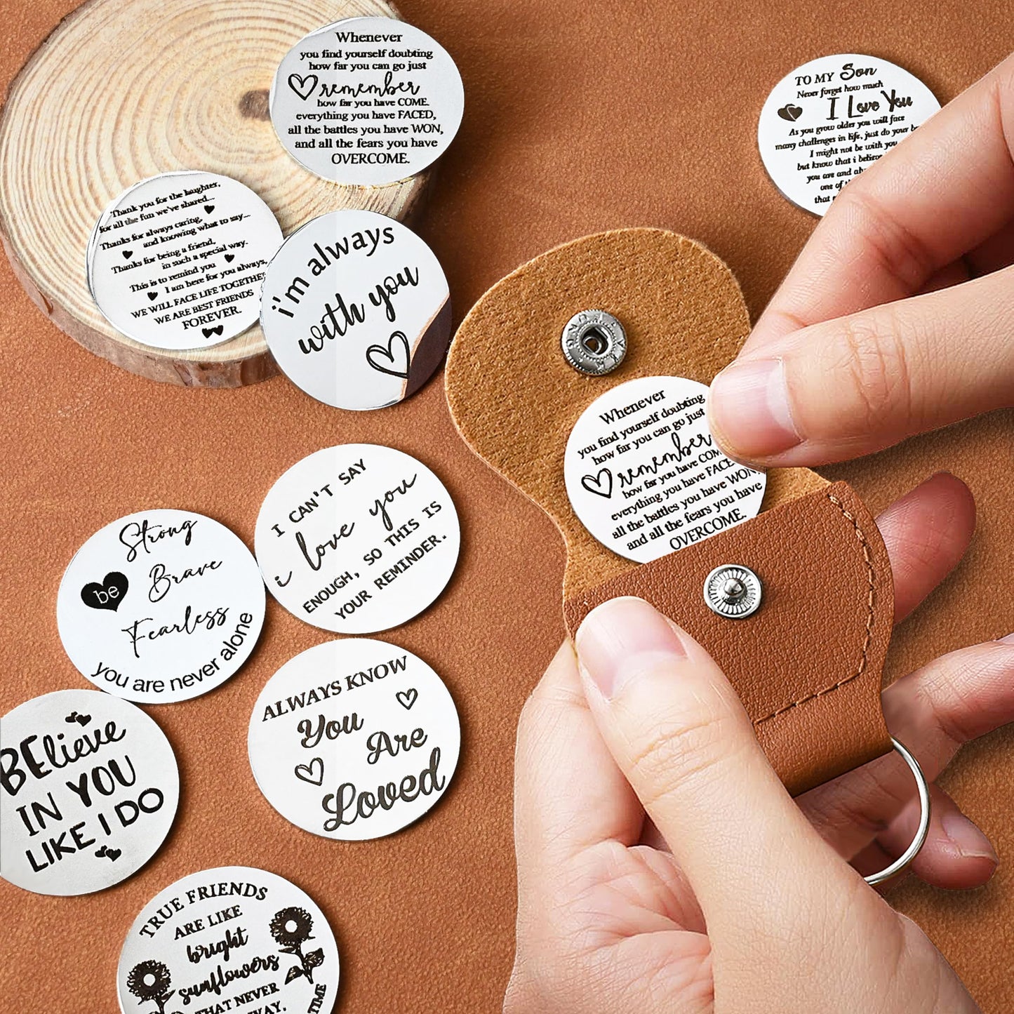 OUMILAN Pocket Hug Token Gifts for Men Boyfriend Girlfriend Inspirational Gift for Son Daughter Brother with Leather Keychain