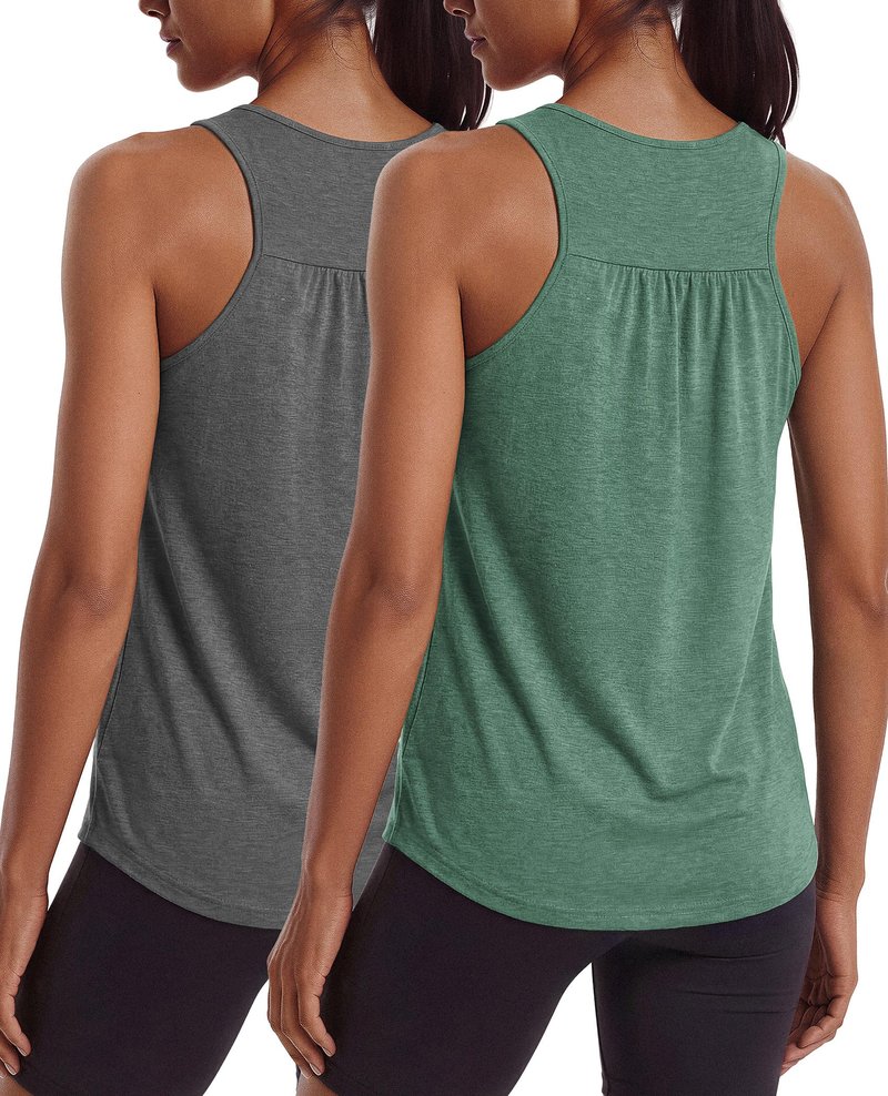 PINSPARK Workout Tops for Women Racerback Tank Top Moisture Wicking Athletic Yoga Shirts Sleeveless Crewneck Running Sports Muscle Tee,Dark Grey/Dark Green XL