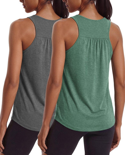 PINSPARK Workout Tops for Women Racerback Tank Top Moisture Wicking Athletic Yoga Shirts Sleeveless Crewneck Running Sports Muscle Tee,Dark Grey/Dark Green XL