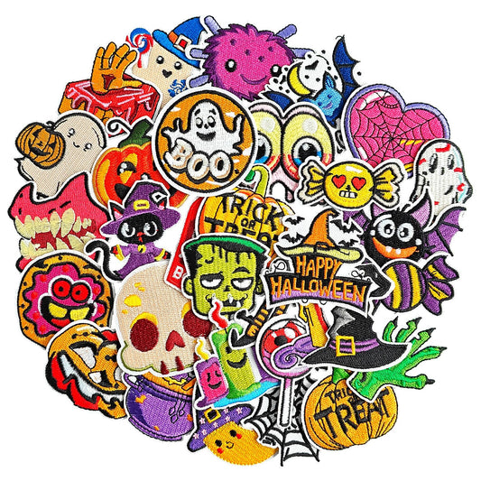 Butie 32 Pcs Halloween Iron On Patches, Spooky Horror Cute Embroidered Iron on Patches for Clothes, Socks, Hats, Jeans, Etc