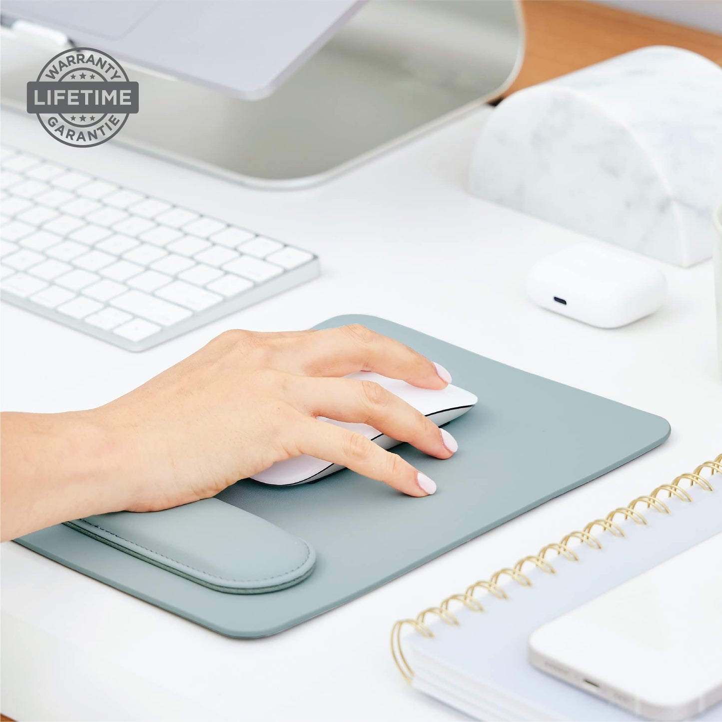 HABITU Vegan Leather Sage Green Mouse Pad with Removable Magnetic Wrist Support & Anti-Slip Base, Ergonomic Mouse Pad with Wrist Rest, Cute Office Desk Accessories for Women and Men