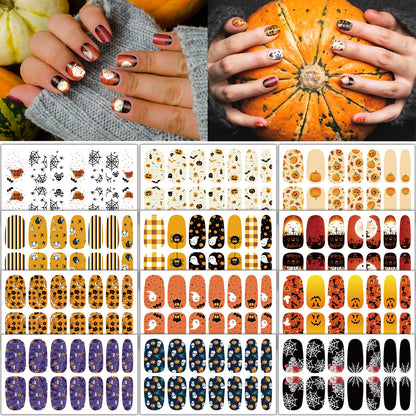 TailaiMei 12 Sheets Halloween Nail Wraps Stickers Nail Polish Strips Self-Adhesive Full Wraps with 2 pcs Nail Files for DIY Nail Art Decals (Pumpkin Style)