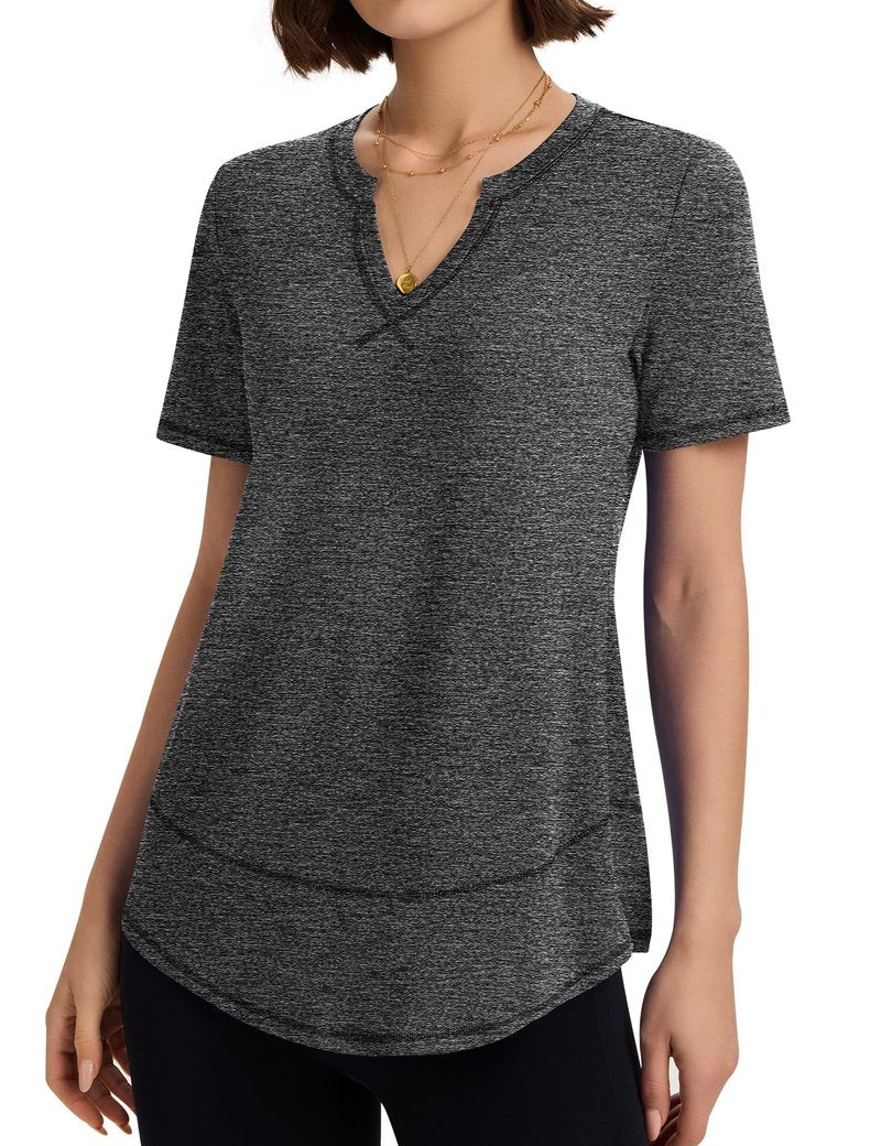 TCOT Women's Workout Tops Short Sleeve Athletic Yoga Shirts Moisture Wicking Shirts V Neck Running Tees Dark Grey L